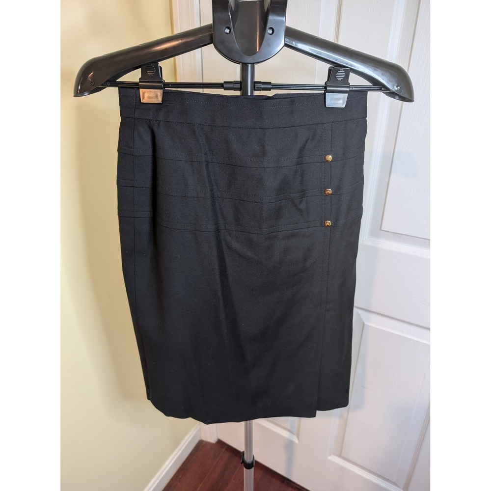 Escada VTG Pencil Skirt Black Pure New Wool Gold Button Tiered - Size 36 (S)